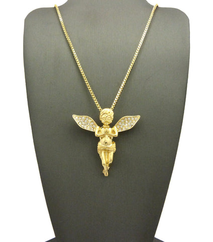 Stone Stud Praying Extended Wing Angel with Chain Necklace