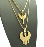 Winged Egyptian Goddess & Horus Falcon Pendant Set 2mm 24" & 30" Box Chain Necklace in Gold-Tone