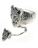 Bohemian Stone Stud Jaguar Head Arm Cuff Slave Bracelet with Ring in Silver-Tone