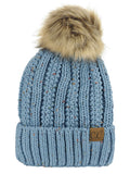 C.C Thick Cable Knit Faux Fuzzy Fur Pom Fleece Lined Skull Cap Cuff Beanie