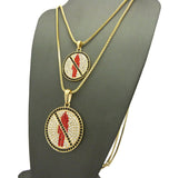 Black Stone Border Rapper Music Video Monster Logo Pendant Set w/ 2mm Box Chain Necklaces in Gold-Tone