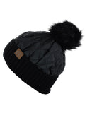 C.C Soft Quilted Puffer Detachable Faux Fur Pom Inner Lined Cuff Beanie Hat