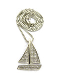 Stone Stud Sailboat Pendant w/2mm 24" Box Chain Necklace