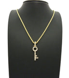 Stone Stud Lever Lock Key Micro Pendant w/2mm 24" Rope Chain Necklace