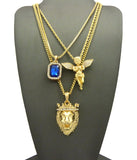 Colored Gemstone, Extended Wing Pray Angel & King Lion Pendant Set w/ Varying Gold-Tone Chain Necklaces
