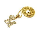 Unisex Stone Stud Tilted Crown Letter Initial Micro Pendant 2mm Box Chain Necklace, 20", M