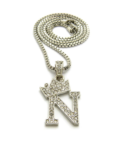 Unisex Stone Stud Tilted Crown Letter Initial Micro Pendant 2mm Box Chain Necklace, 20", N