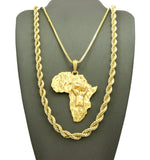 Power Fist on Africa Pendant on Box Chain with 6mm 30" Rope Chain Necklace in Gold-Tone