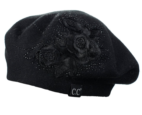 C.C Rhinestone Embellished Embroidered Flower French Style Angora Beret