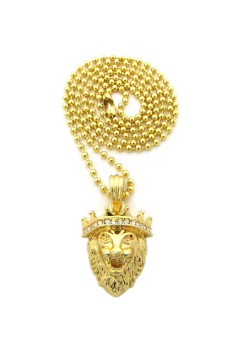 Stone Stud Crown King Lion Micro Pendant w/ Chain Necklace - 2mm 24" Gold-Tone Ball Chain