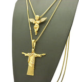 Praying Angel & Christ the Redeemer Pendant Set w/ 2mm 24" & 30" Box Chains in Gold-Tone