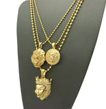 Narrow Lion Medal, 3D Lion Head & Stone Stud Crown King Lion Pendant Ball Chain Necklace Set in Gold-Tone