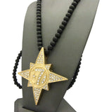 Gold-Tone Stone Stud 5 Percenter Star Pendant with 8mm 33" Wood Bead Necklace
