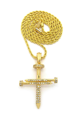 Studded Allover 3 Cross Nail Pendant w/ 2mm 24" Rope Chain Necklace in Gold-Tone