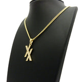 Stone Stud Double X Pendant w/ 3mm 24" Cuban Chain Necklace