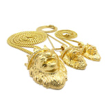King Lion Pendant Triple Set w/ Rope, Snake and Cuban Chain Necklaces in Gold-Tone