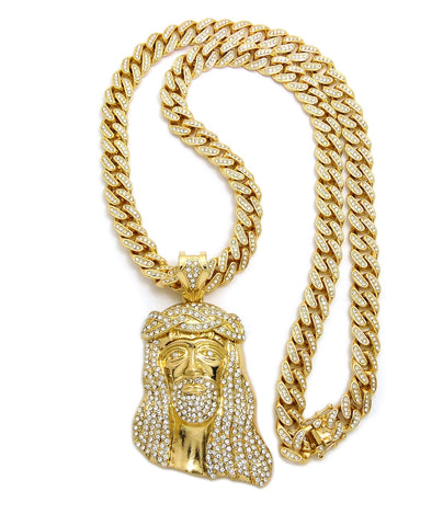 Stone Stud Thick Hair Jesus Head Pendant with 12mm 30" Iced Out Cuban Chain Necklace in Gold-Tone