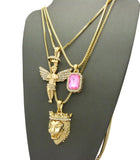 Pink Stone, Halo Angel & King Lion Pendant Set w/ Multi Length Box Chains in Gold-Tone