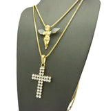 Silver-Tone Dusted Pray Angel & 2 Row Stone Cross Pendant Set w/ 24" & 30" Box Chains in Gold-Tone