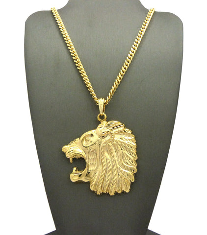 Side-Face Roaring Lion Leo Zodiac Pendant w/ 4mm 30" Cuban Chain Necklace in Gold-Tone