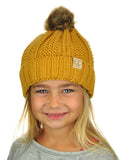C.C Kids' Children's Cable Knit Faux Fuzzy Fur Pom Fleece Lined Cuff Beanie