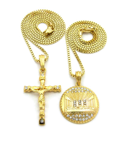 Last Supper Medal Pendant & Slim Crucifix Jesus Pendant Set w/ 2mm 24" & 30" Box Chains in Gold-Tone