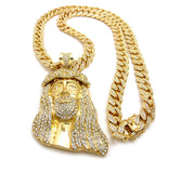 Stone Stud Thick Hair Jesus Head Pendant with 12mm 30" Iced Out Cuban Chain Necklace in Gold-Tone