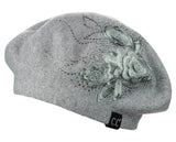 C.C Rhinestone Embellished Embroidered Flower French Style Angora Beret