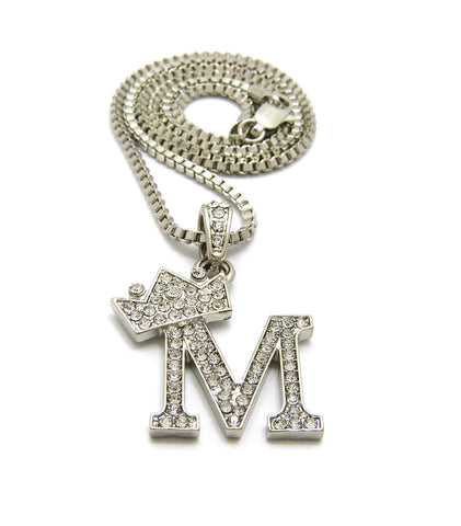 Unisex Stone Stud Tilted Crown Letter Initial Micro Pendant 2mm Box Chain Necklace, 20", M