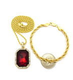 Faux Ruby Stone Pendant 2mm 24" Rope Chain Necklace & 5mm 8" Rope Chain Bracelet Set in Gold-Tone