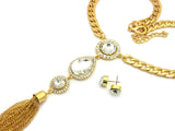 Women's Bohemian Dangling Multi Gemstone Tassel Necklace and Ball Earring Set in Gold-Tone