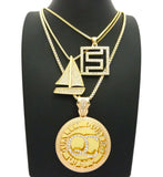 Stone Stud QC Initials, Sailboat & Maze Pendant Set w/ Box Chain Necklaces, Gold-Tone
