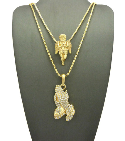 Polished Praying Angel & Stone Stud Praying Hands Pendant Set w/ 2mm Box Chains in Gold-Tone