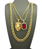 Colored Gemstone & Hip Hop Pendant Set on Box Chains with Cuban Chain in Gold-Tone