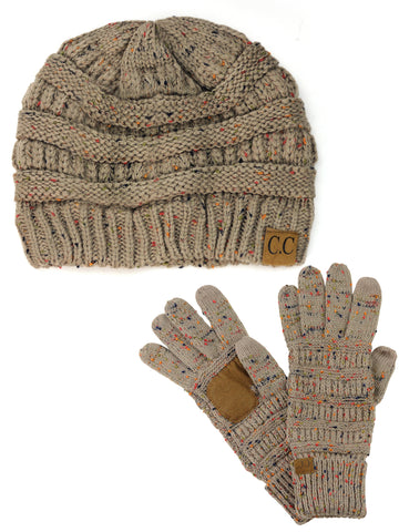 C.C Colorful Confetti Cable Knit Beanie and Anti-Slip Touchscreen Gloves Set