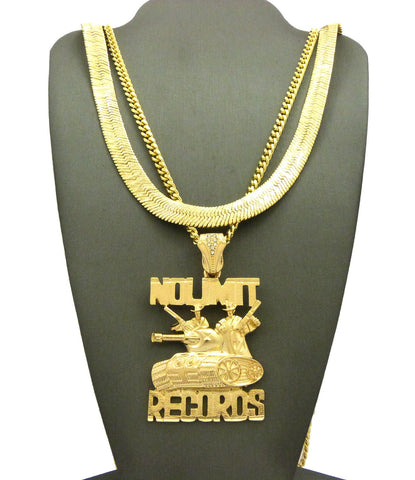 No Limit Records Tank Pendant on Cuban Chain with No Limit Printed Herringbone Chain in Gold-Tone