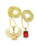 Faux Ruby Stone & Winged Kneeling Egyptian Goddess Maat Pendant Set w/ 2mm Box Chains in Gold-Tone