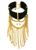Women's Rope Collar Choker Dangling Tassel Necklace and Ball Earring Set in Gold-Tone