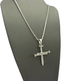 Studded Allover 3 Cross Nail Pendant w/ 2mm 24" Box Chain Necklace in Silver-Tone