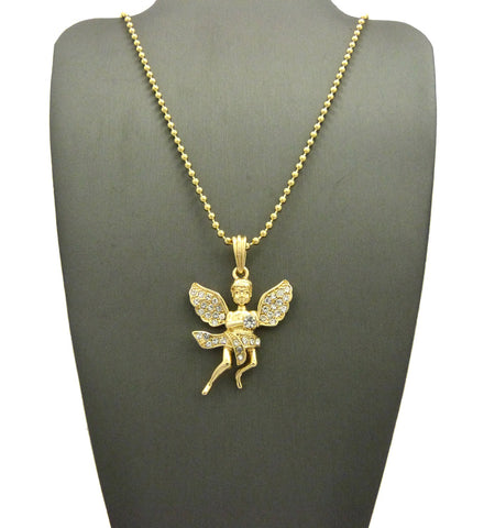 Stone Stud Dancing Flying Angel Pendant w/ Chain Necklace