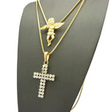 Cherub Angel & 2 Row Stone Cross Pendant Set w/ 24" & 30" Box Chain Necklaces in Gold-Tone