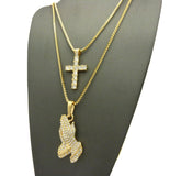Stone Stud Single Row Cross & Stone Stud Praying Hands Pendant Set w/ 2mm Box Chains in Gold-Tone