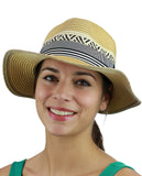 C.C Women's Paper Woven Panama Sun Beach Hat with Striped Band, Natural