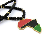 Pan Africa Continent Pendant w/6mm 30" Black Wood Bead Color Disc Necklace, RD/BK/GR, Gold-Tone
