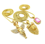Pink Stone, Halo Angel & King Lion Pendant Set w/ Multi Length Box Chains in Gold-Tone