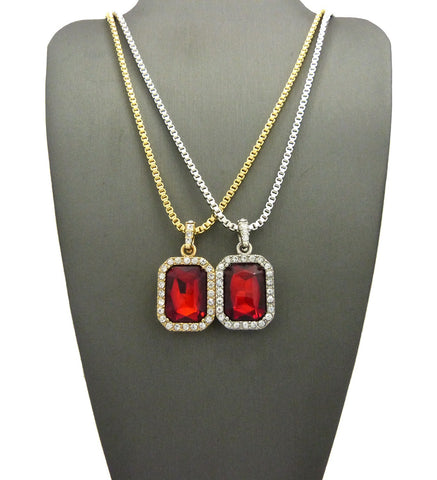 Dual Hip-Hop Radiant Cut Gemstone Pendant Set w/ Chain Necklace