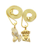 Cuban Crown Jesus Head & Stone Stud Praying Hands Pendant Set w/ 2mm Box Chains in Gold-Tone