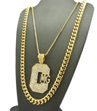 Stone Stud Hip-Hop CMG Initials Pendant Necklace with 8mm 30" Miami Cuban Chain in Gold-Tone