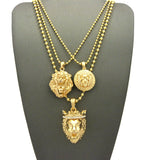 Narrow Lion Medal, 3D Lion Head & Stone Stud Crown King Lion Pendant Ball Chain Necklace Set in Gold-Tone