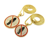 Red Stone Border Rapper Music Video Monster Logo Pendant Set w/ 2mm Box Chain Necklaces in Gold-Tone